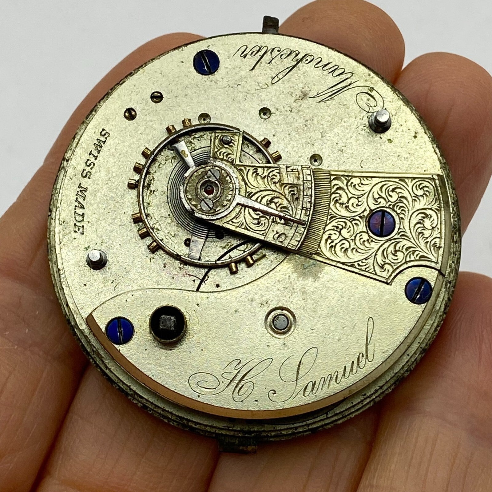 46.9mm Antique H Samuel Manchester Key Wound Swiss Pocket Watch Movement PARTS