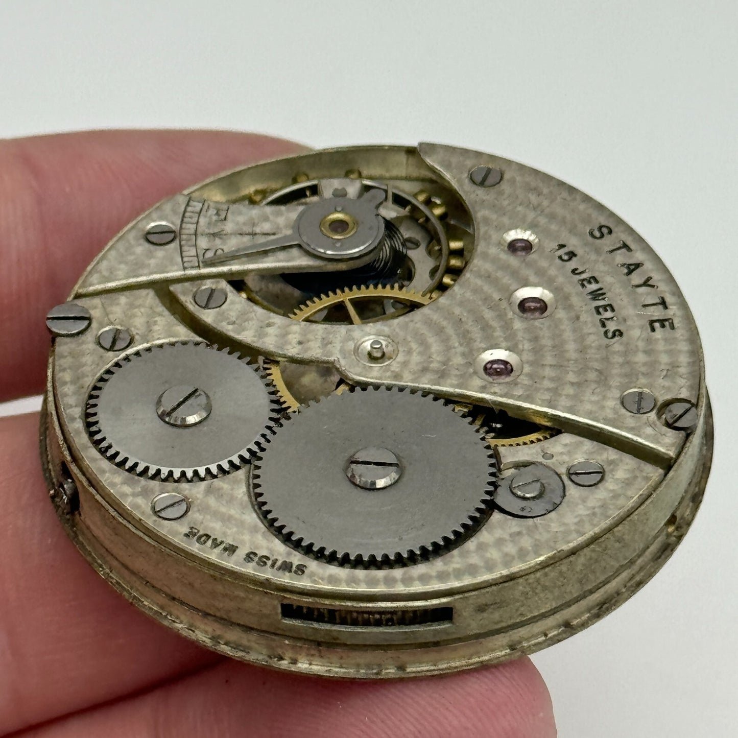 43mm Vintage Stayte 15 Jewels Swiss Made Pocket Watch Movement PARTS REPAIR