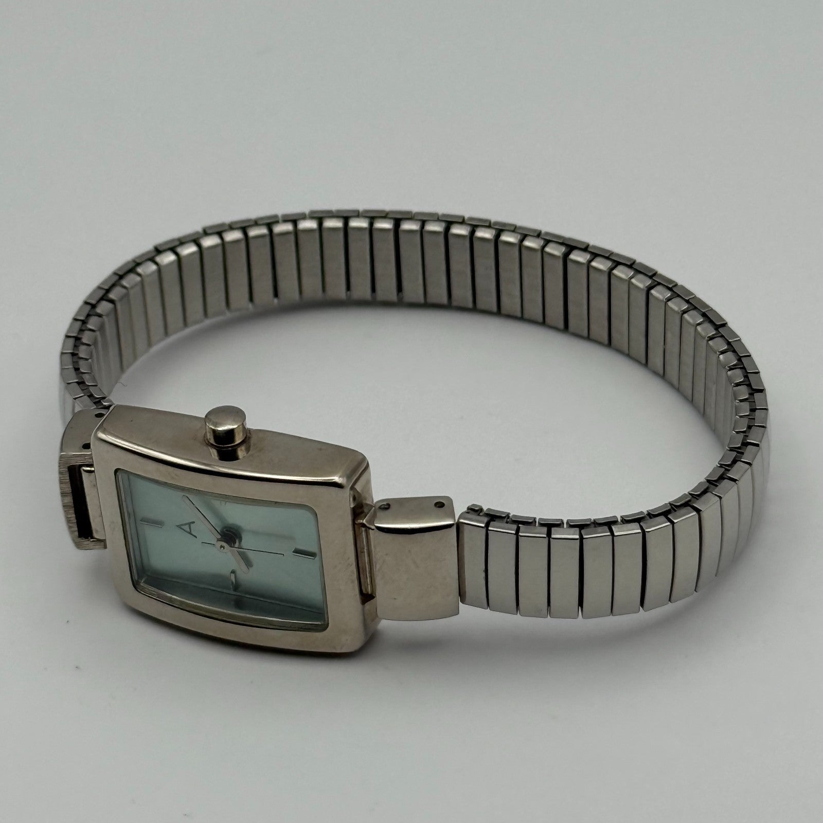 A Ladies Quartz Watch Rectangular Dial Silver Tone Stretch Band Working 19mm