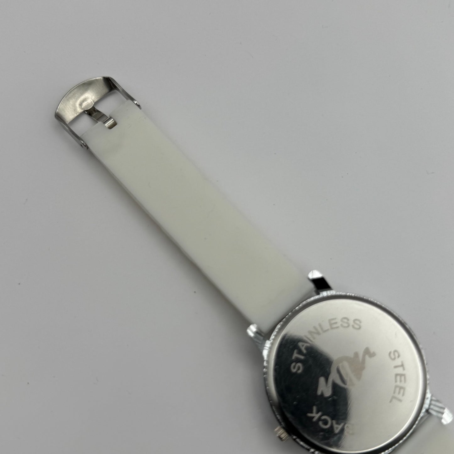 Ladies Fashion Quartz Watch Rhinestone Silver Tone White Strap Working 39mm