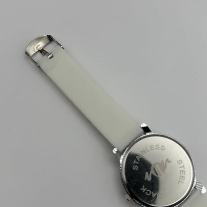 Ladies Fashion Quartz Watch Rhinestone Silver Tone White Strap Working 39mm