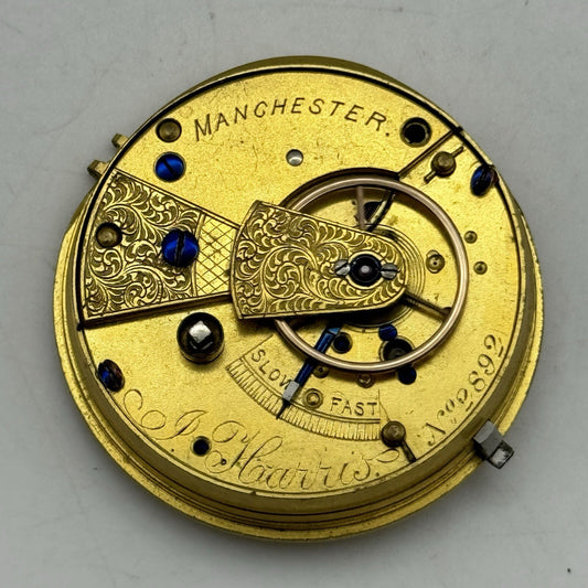 37.5mm J Harris Manchester Good Balance Fusee Pocket Watch Movement FOR PARTS