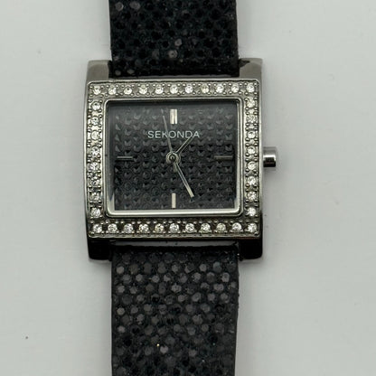 Sekonda Ladies Quartz Watch Black Dial Crystal Accents Bezel Japan Working 25mm