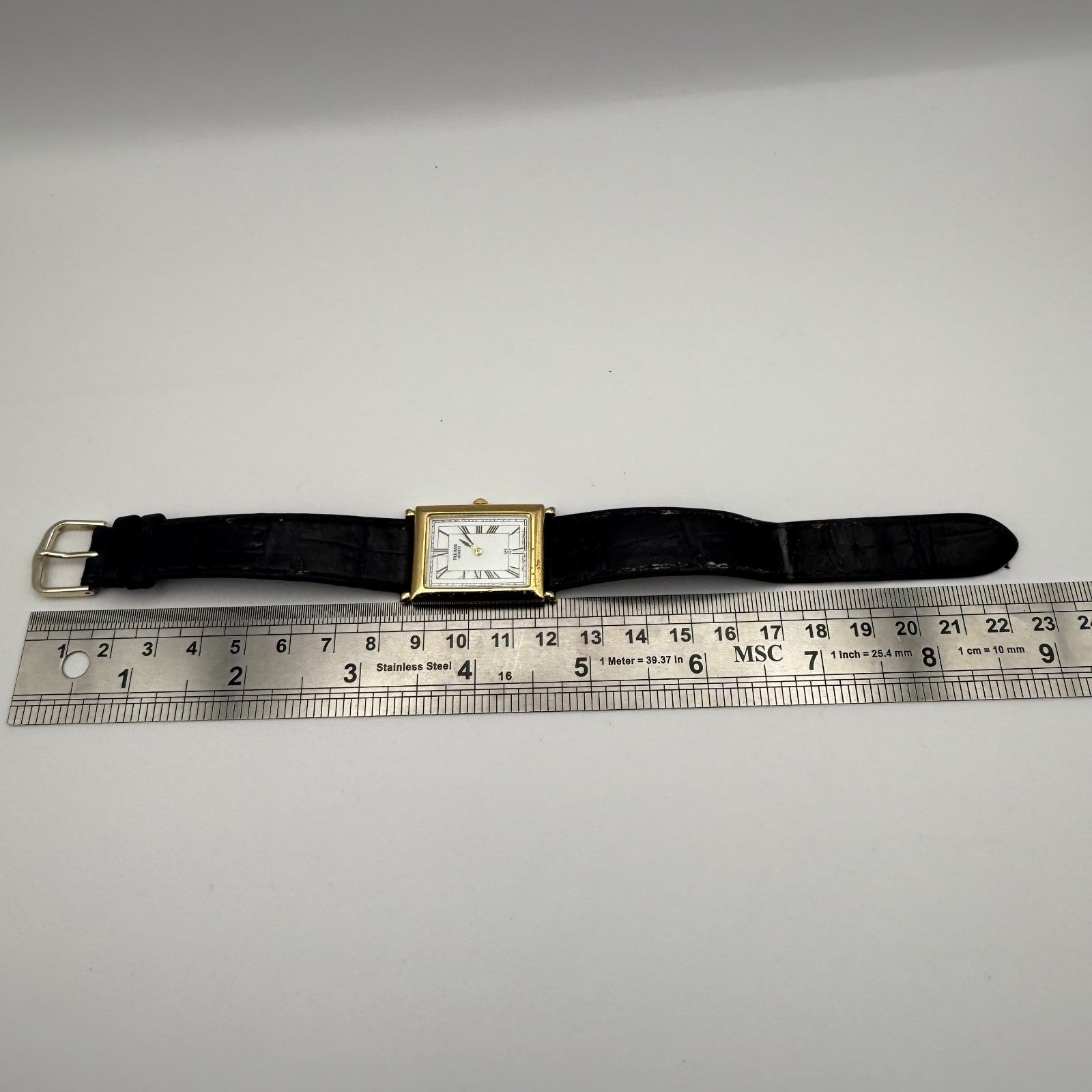 Pulsar Tank Watch Quartz Rectangular Date Dial Black Strap Japan Working 23mm