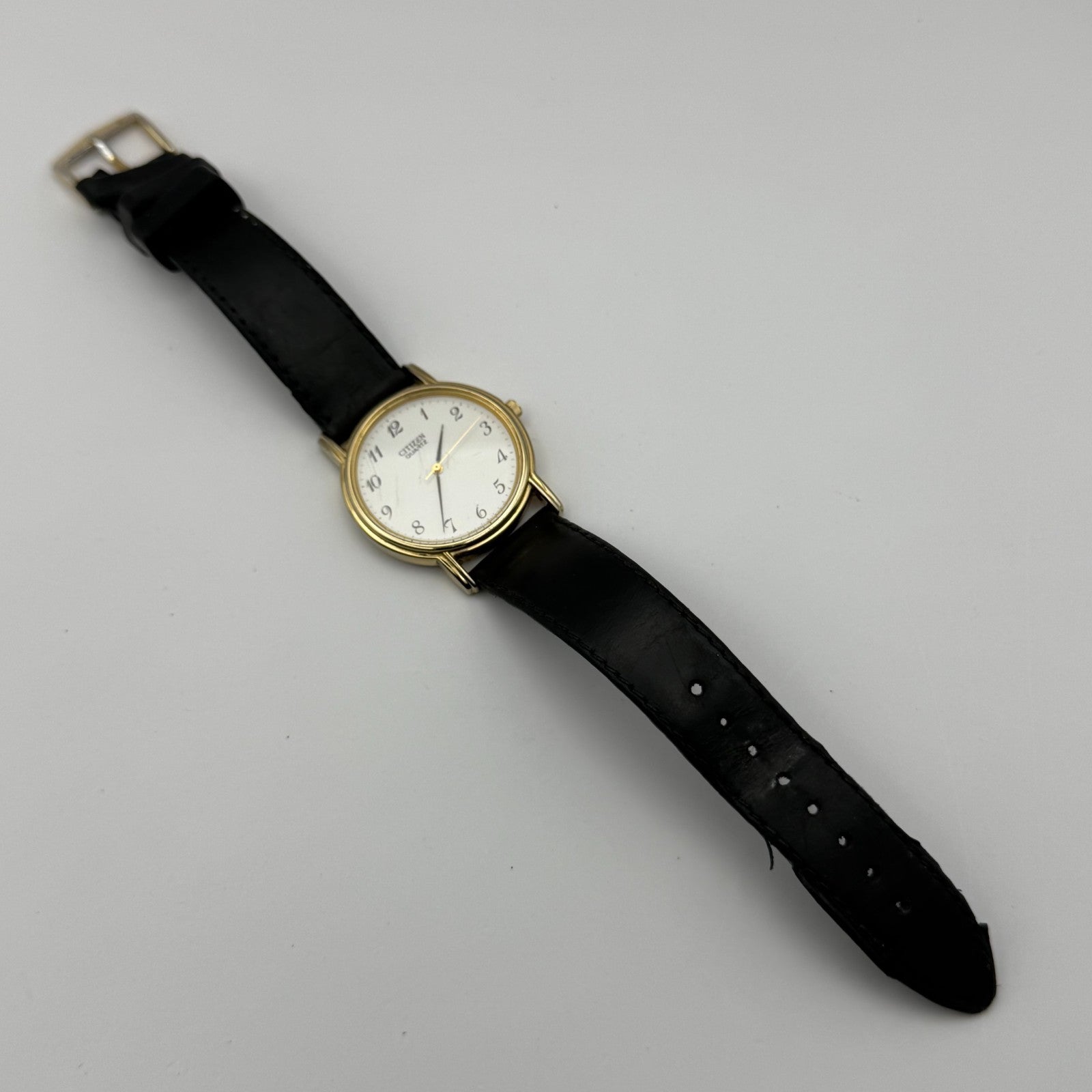 Citizen Ladies Quartz Watch Gold Tone White Dial Black Strap Japan Working 33mm