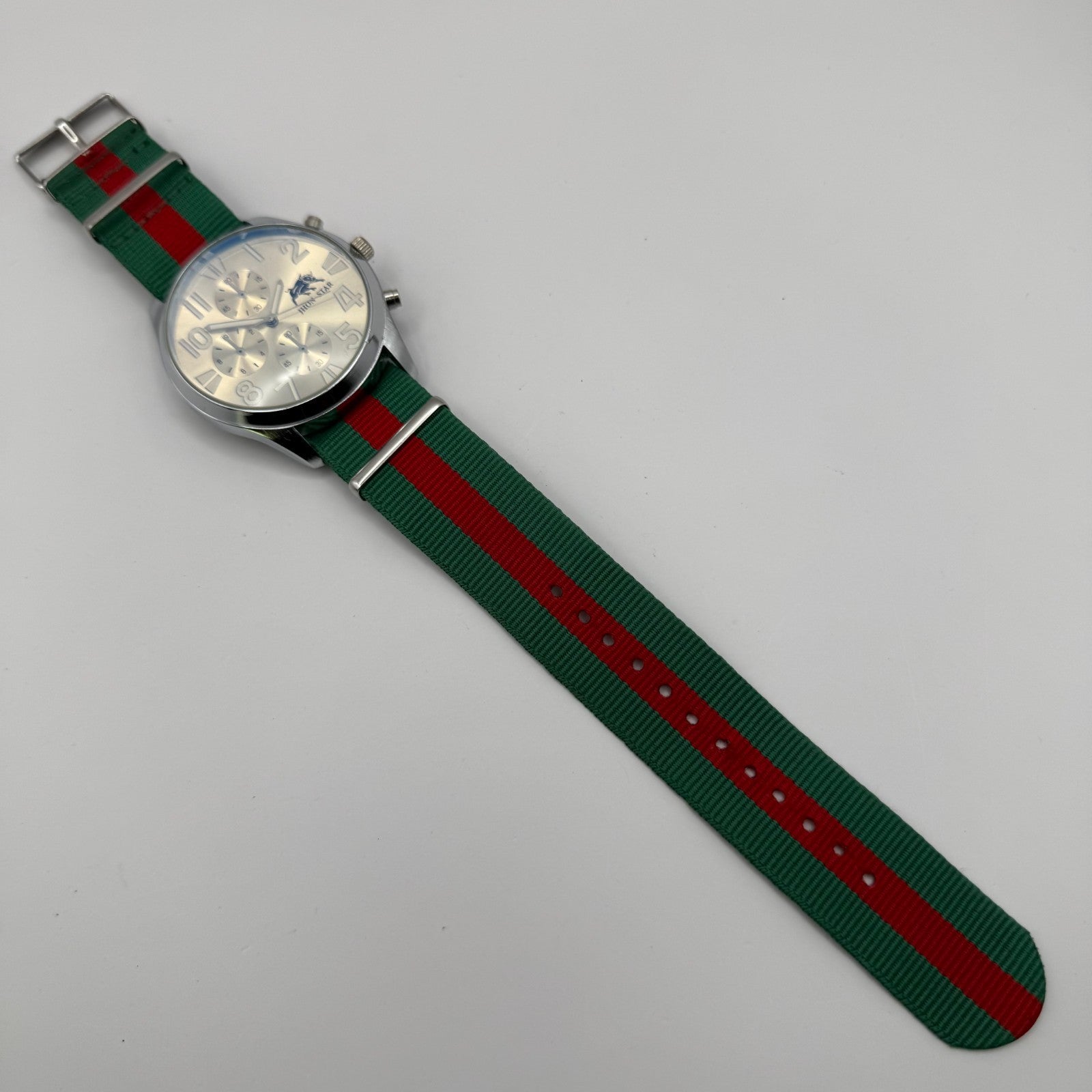 Jhon Star Men’s Quartz Watch Chronograph Gold Dial Green Red Strap Working 45mm