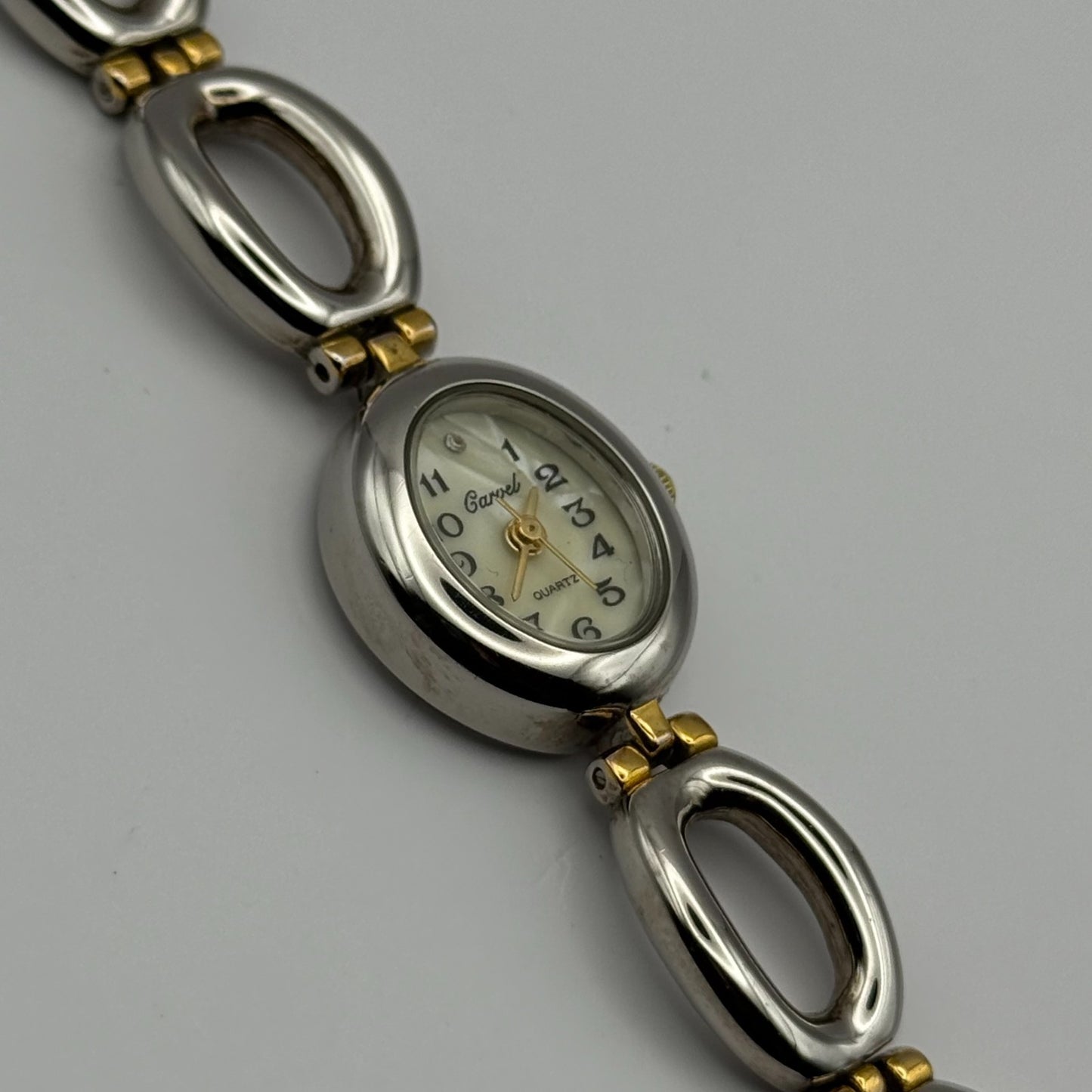 Carvel Ladies Quartz Watch MOP Oval Dial Silver Gold Tone Bracelet Working 19mm