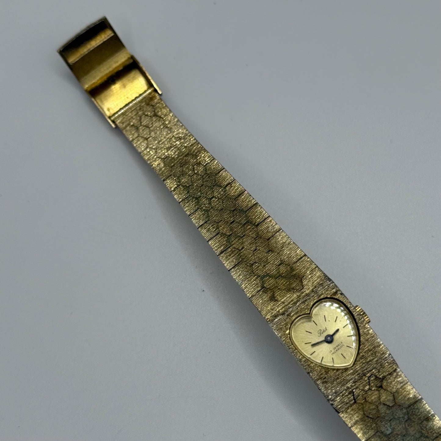 15mm Vintage Petit Bark Affect Heart Gold Plated Manual Wind Watch PARTS REPAIR