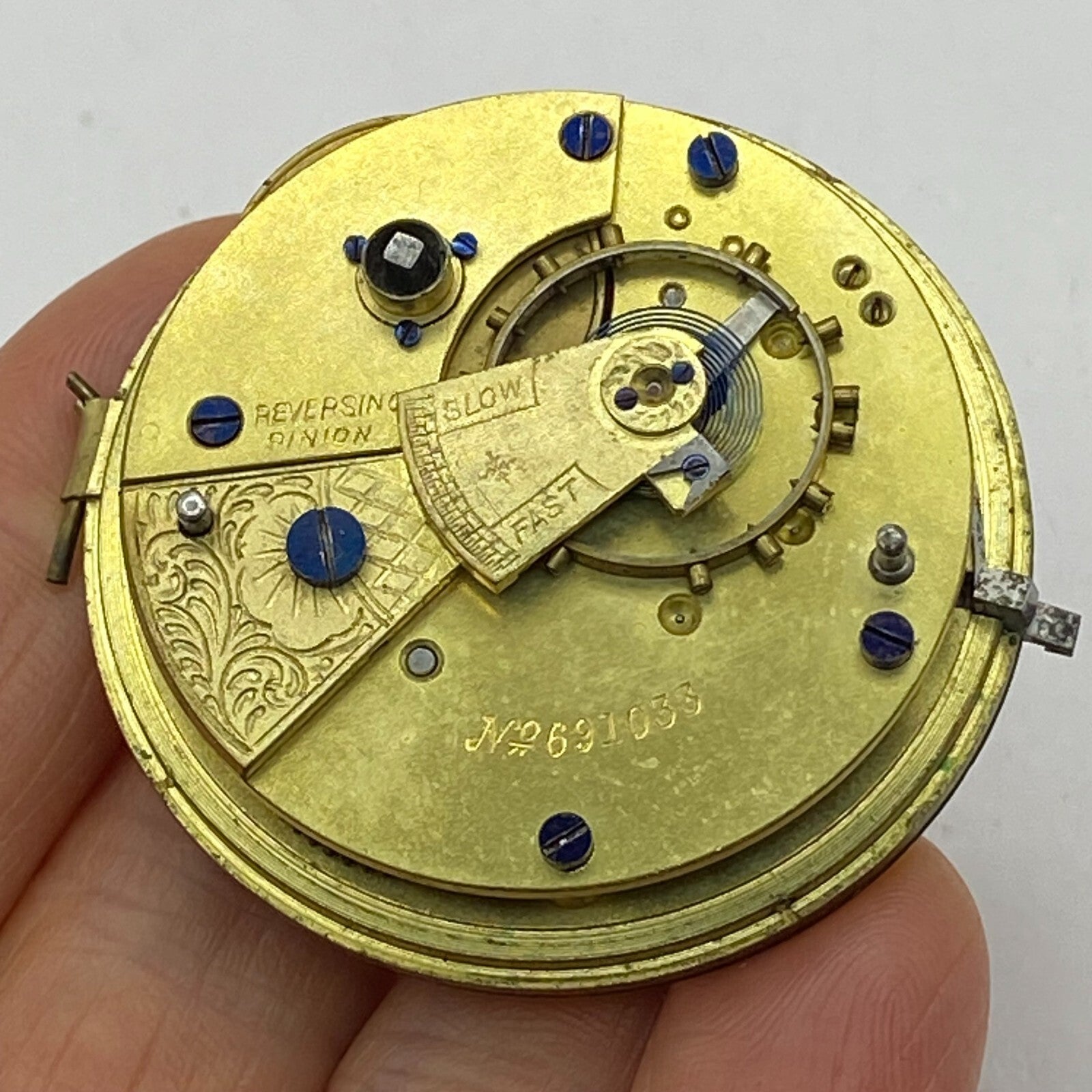 44.6mm Antique Key Wound Reversing Pinion Pocket Watch Movement PARTS REPAIR