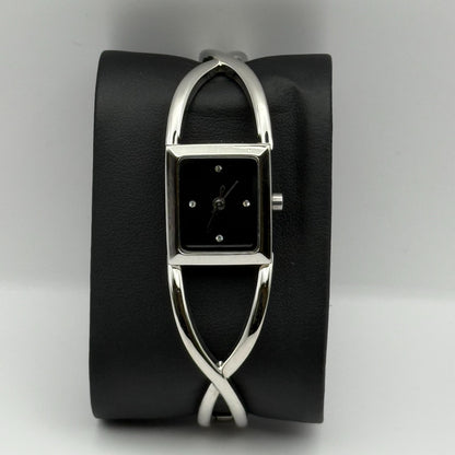 Avon Ladies Quartz Watch Black Square Dial Silver Tone Bracelet Working 19mm