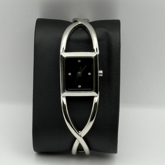 Avon Ladies Quartz Watch Black Square Dial Silver Tone Bracelet Working 19mm