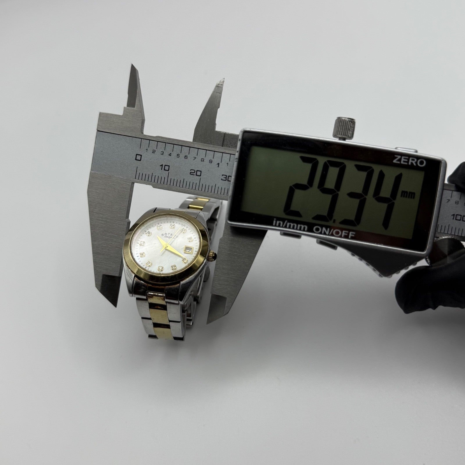 Rotary Ladies Watch Two Tone Mother Of Pearl Date Dial 27mm Working LB03499/401