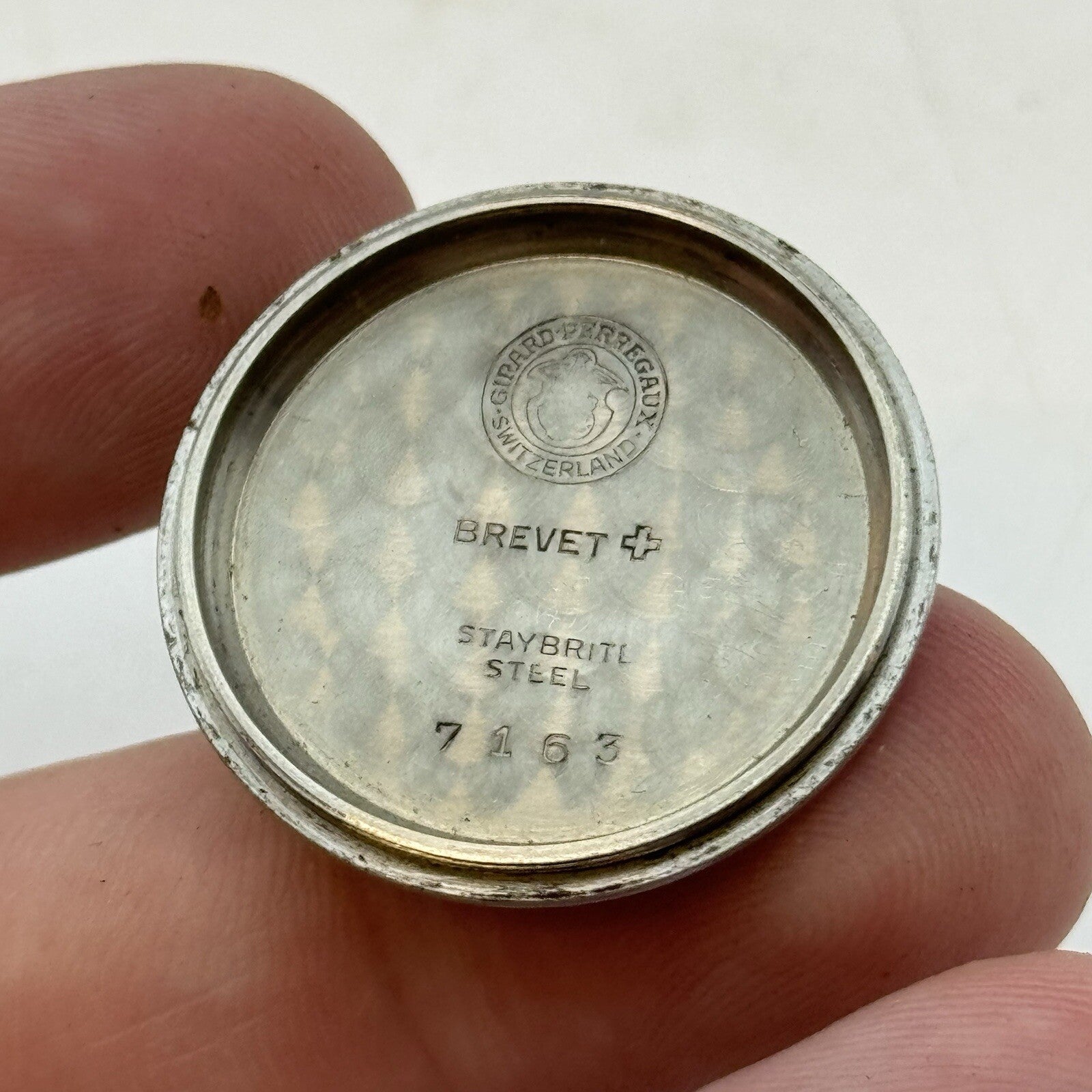 29.5mm Vintage Girard Perregaux 7163 Engraved Watch Case StayBrite Steel Brevet