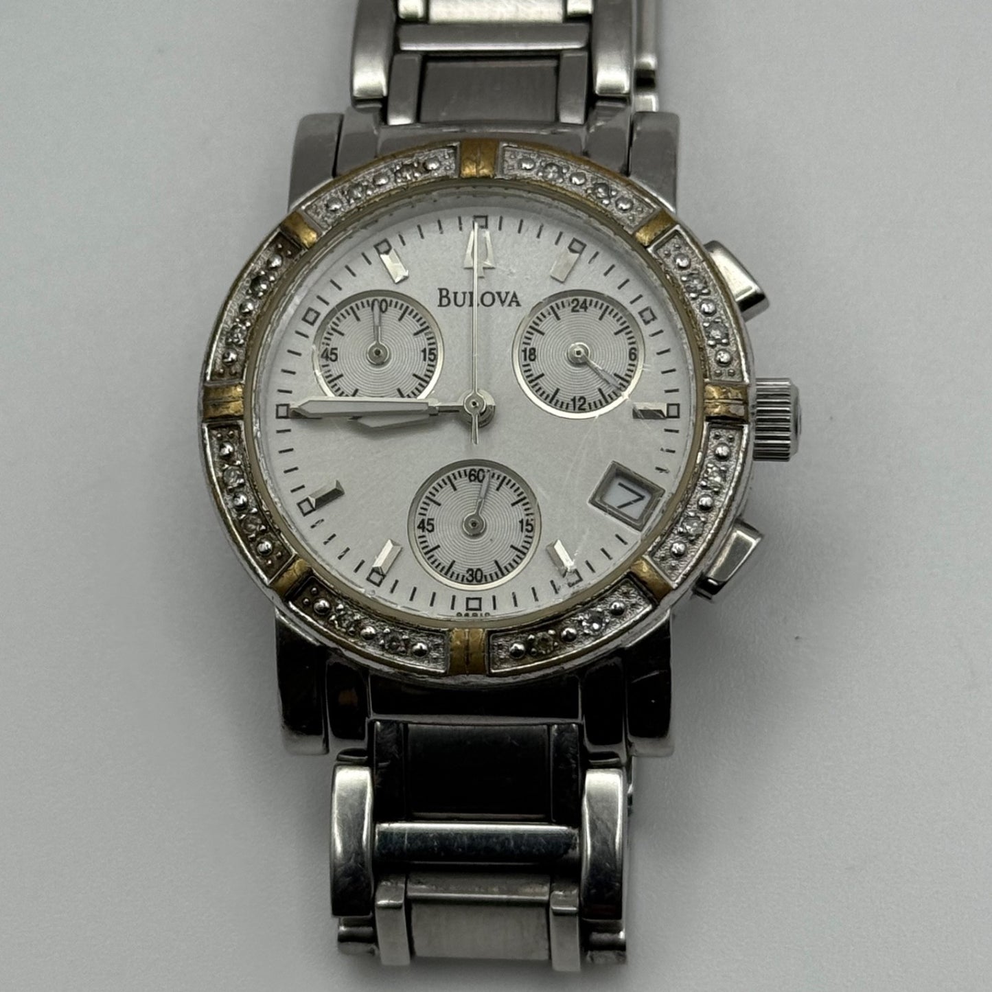 Bulova Swiss Chronograph Watch Quartz Date Dial 29mm C837317 Bracelet Ladies