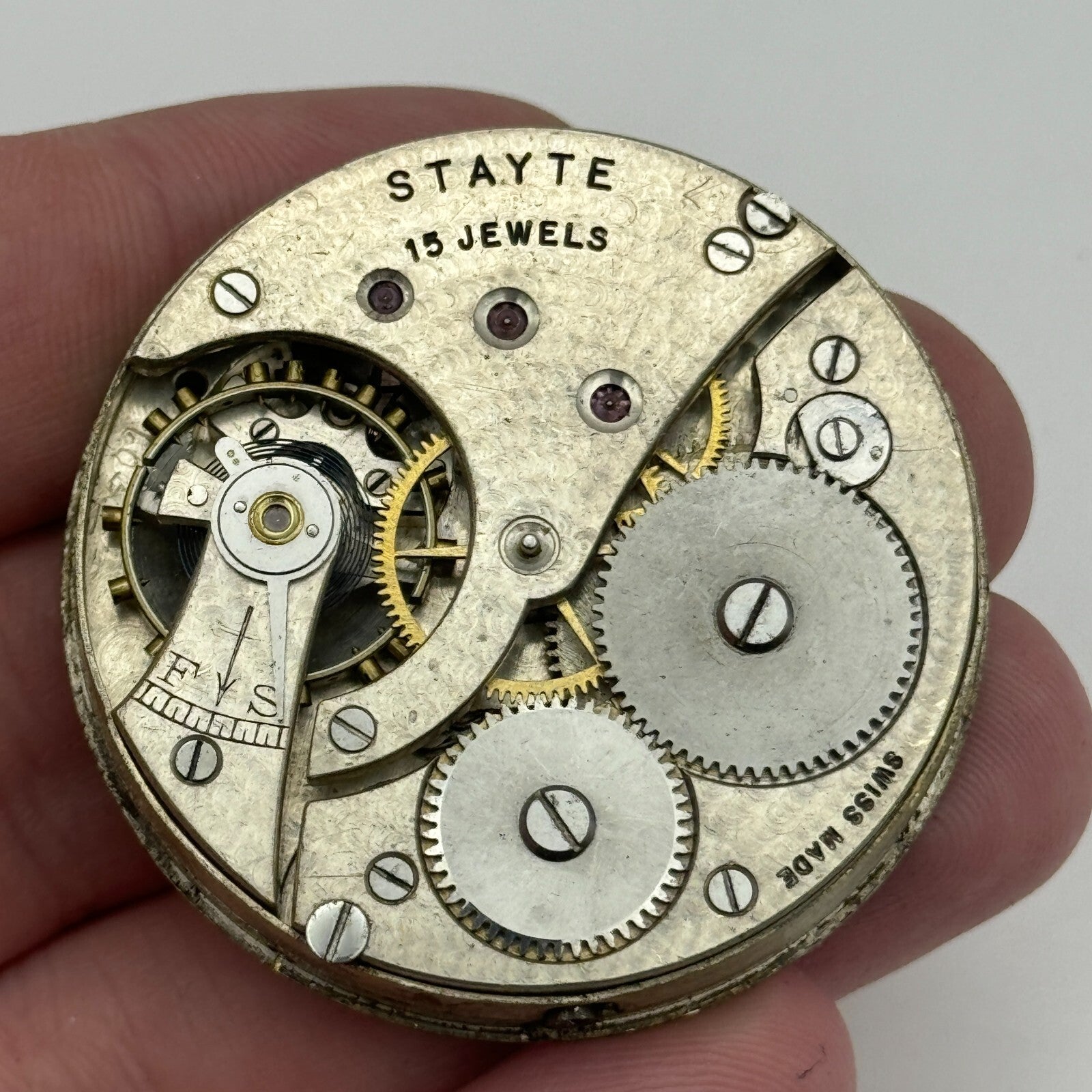 43mm Vintage Stayte 15 Jewels Swiss Made Pocket Watch Movement PARTS REPAIR