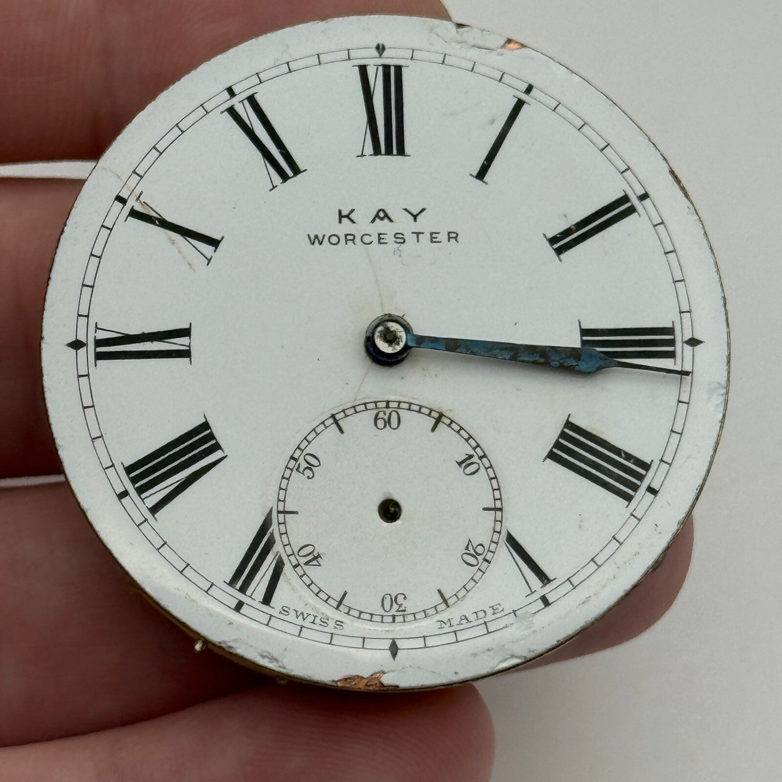 44.7mm Antique Kay Worcester Key Wound Pocket Watch Movement Dial PARTS REPAIR