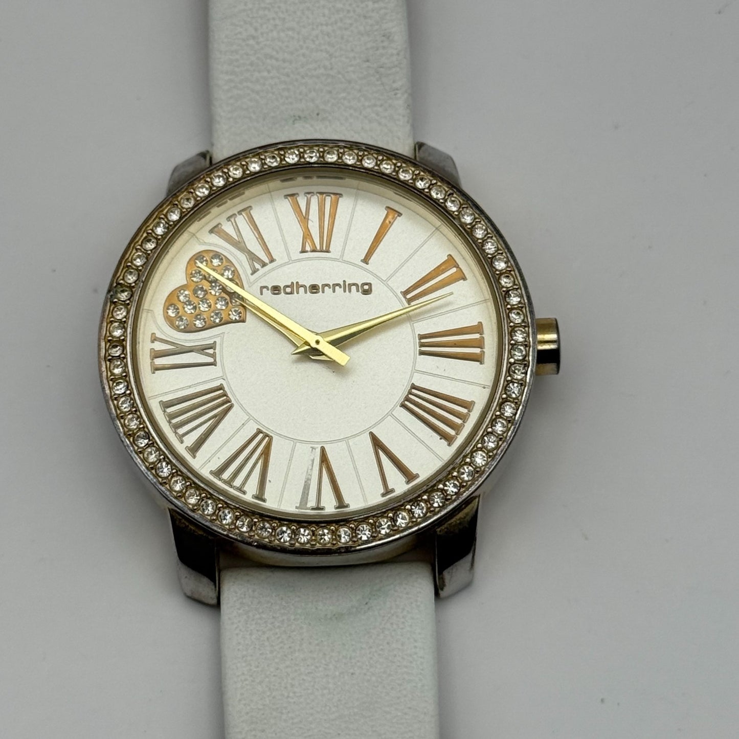 Redherring Ladies Quartz Watch Crystal Accents White Leather Strap Working 37mm