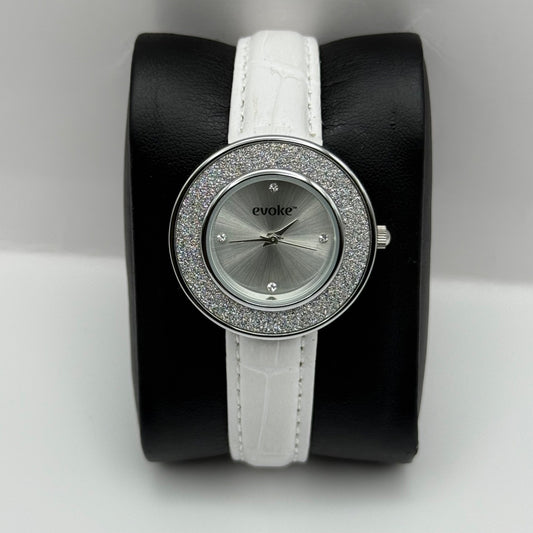 Working Ladies Evoke Glitter Bezel 30mm Quartz Watch New Battery White Strap