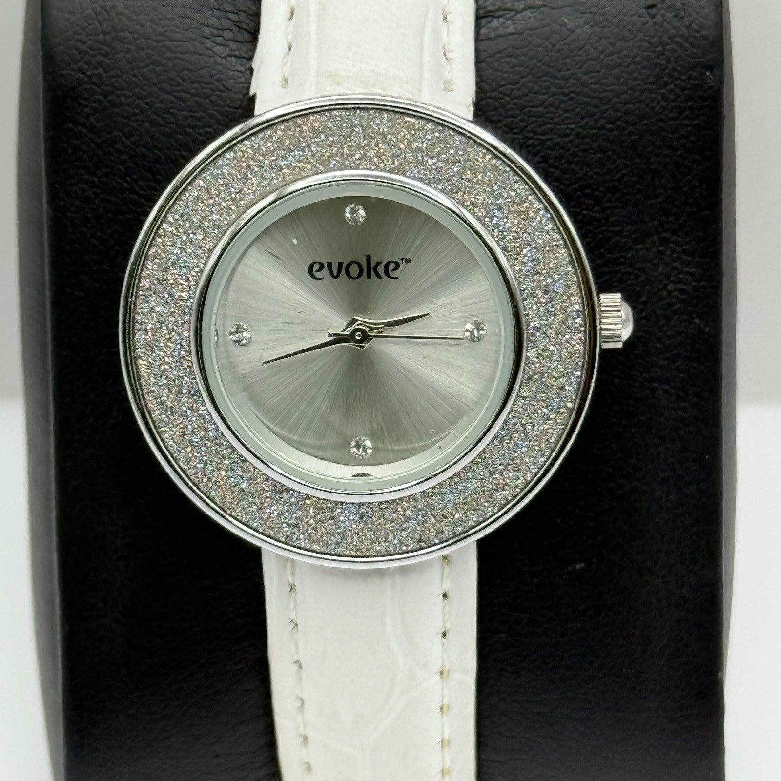 Evoke Ladies Quartz Watch Silver Dial Glitter Bezel White Strap Working 30mm