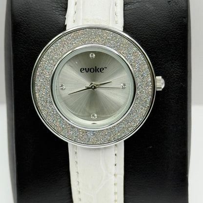 Evoke Ladies Quartz Watch Silver Dial Glitter Bezel White Strap Working 30mm