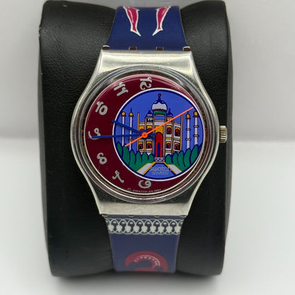 1992 Swatch Taj Mahal India Delhi Blue Strap Quartz Watch Swiss + Box 34mm