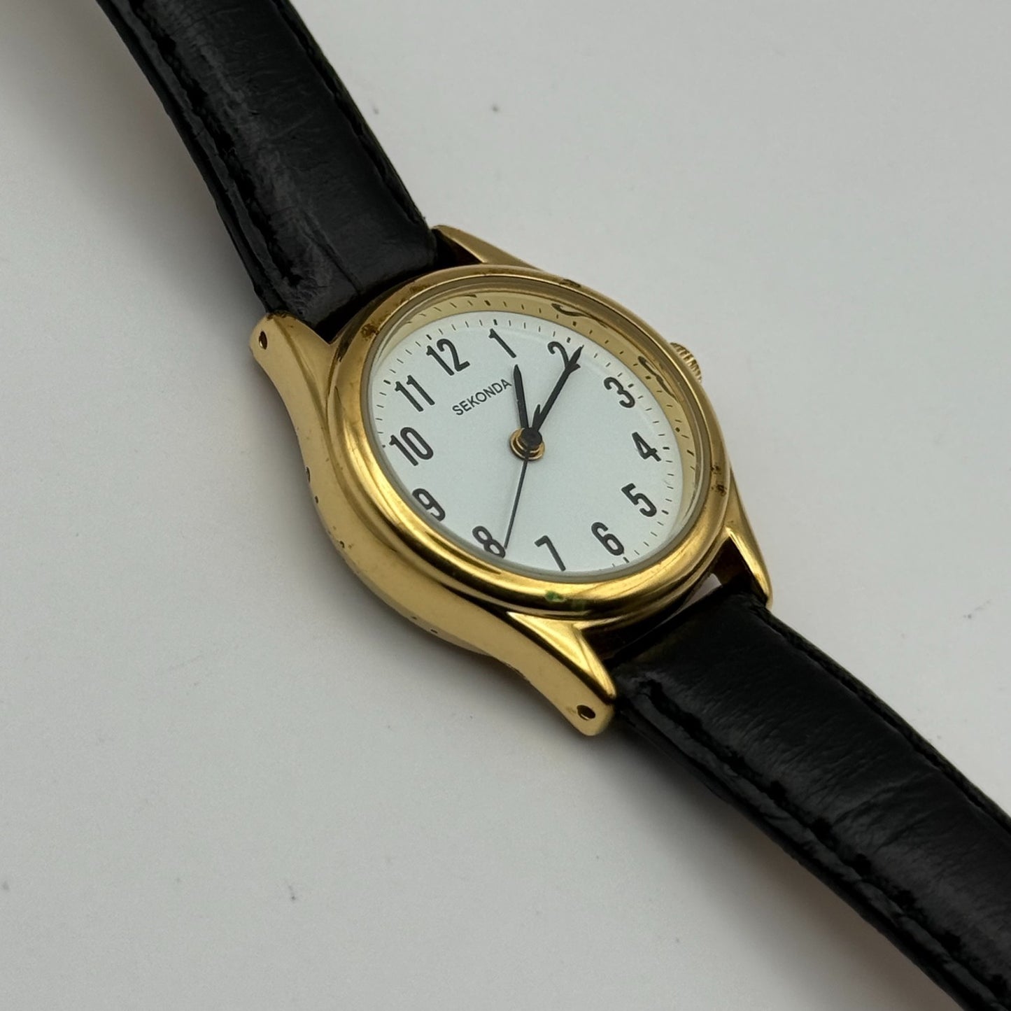 Sekonda Ladies Quartz Watch Gold Tone White Dial Leather Strap Working 25mm
