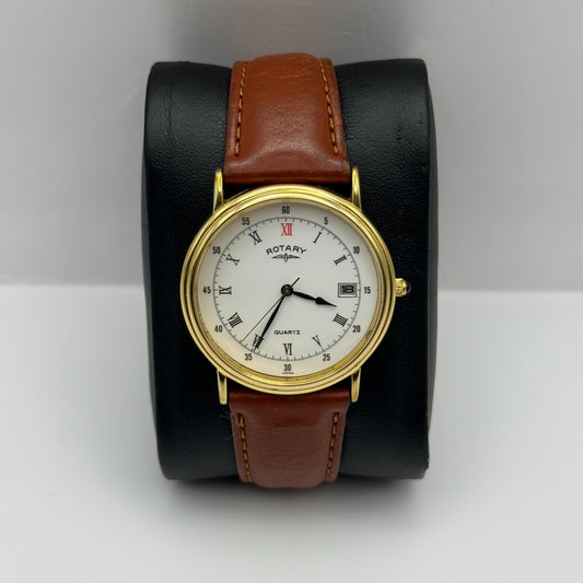 Rotary Quartz Watch Date Dial Brown Leather Strap Japan 33mm PARTS REPAIR