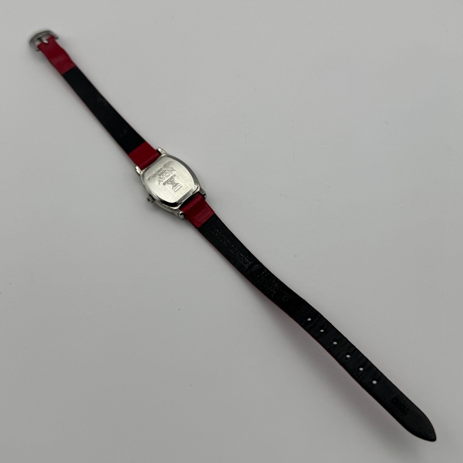 Avon Ladies Quartz Watch Mother of Pearl Dial Red Leather Strap Working 20mm