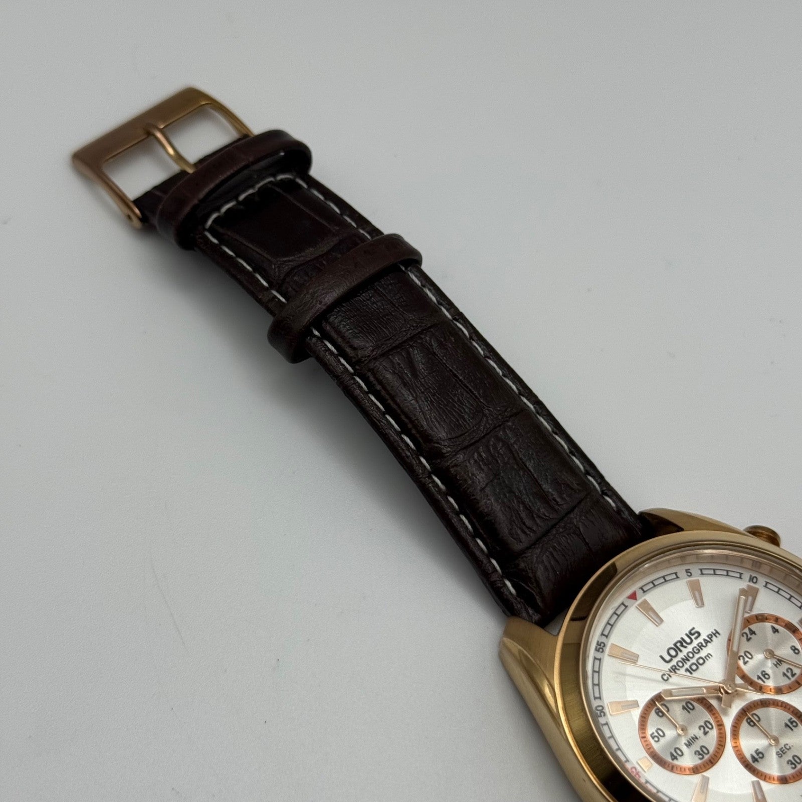 Lorus Chronograph Mens Watch 100M Quartz VD53-X024 Leather Strap 43mm Japan