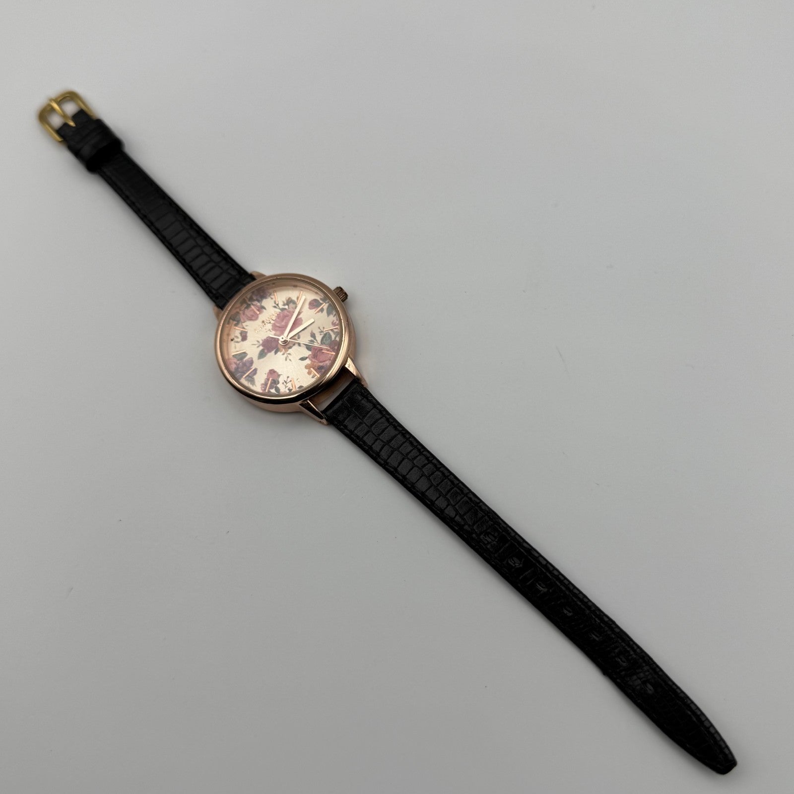 Kahuna Ladies Quartz Watch Floral Dial Black Leather Strap Working 30mm