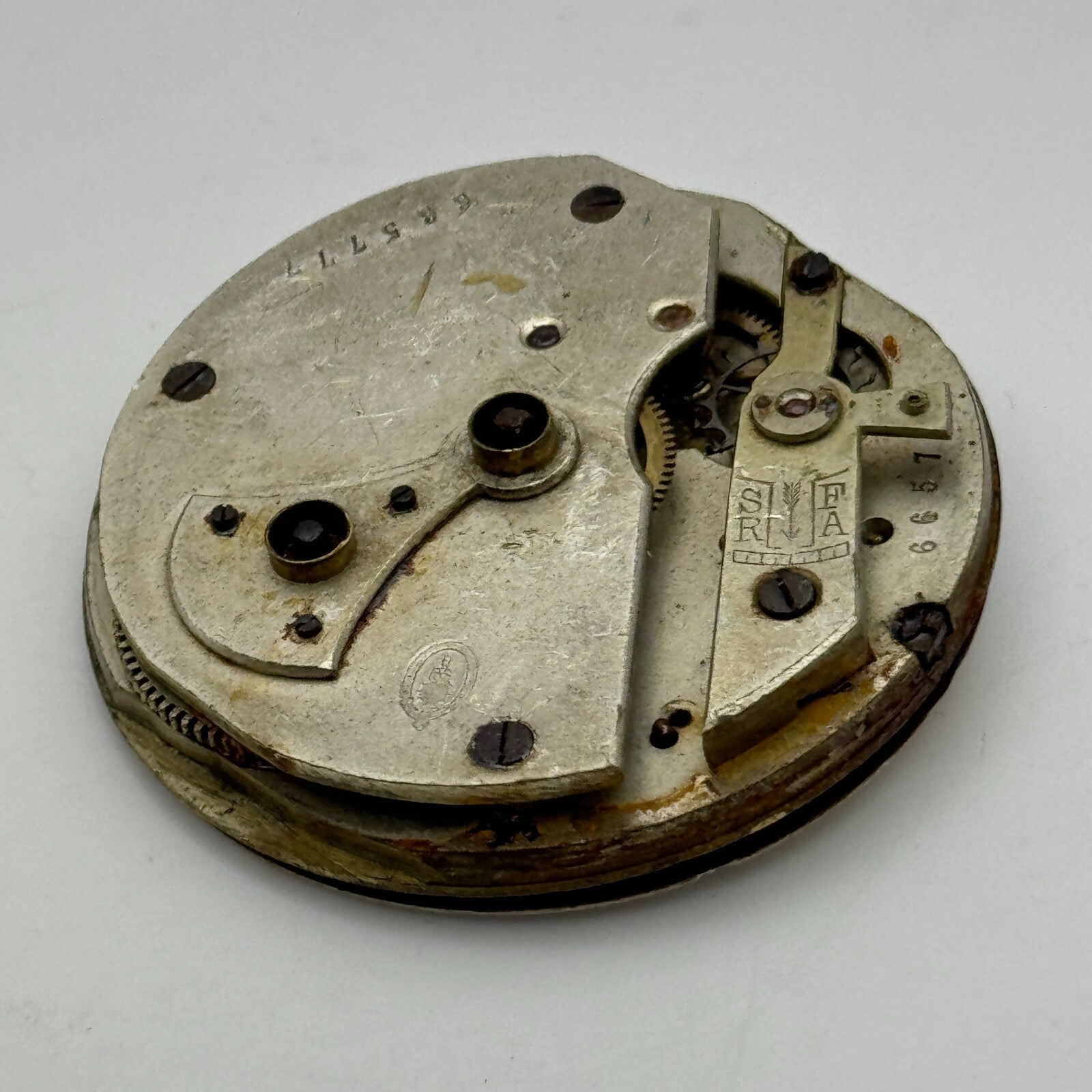 45mm Antique Unidentified Key Wound Partial Pocket Watch Movement PARTS REPAIR