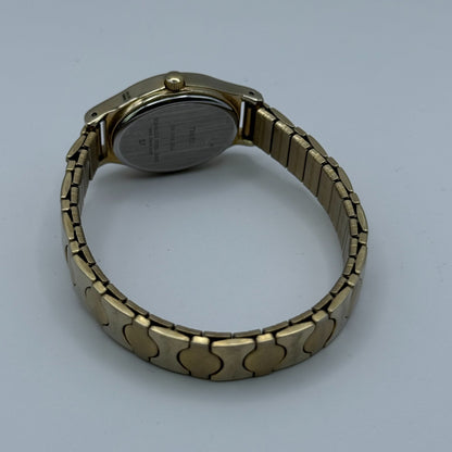 Timex Ladies Quartz Watch Oval Dial Gold Tone Stretch Band Steel Working 21mm