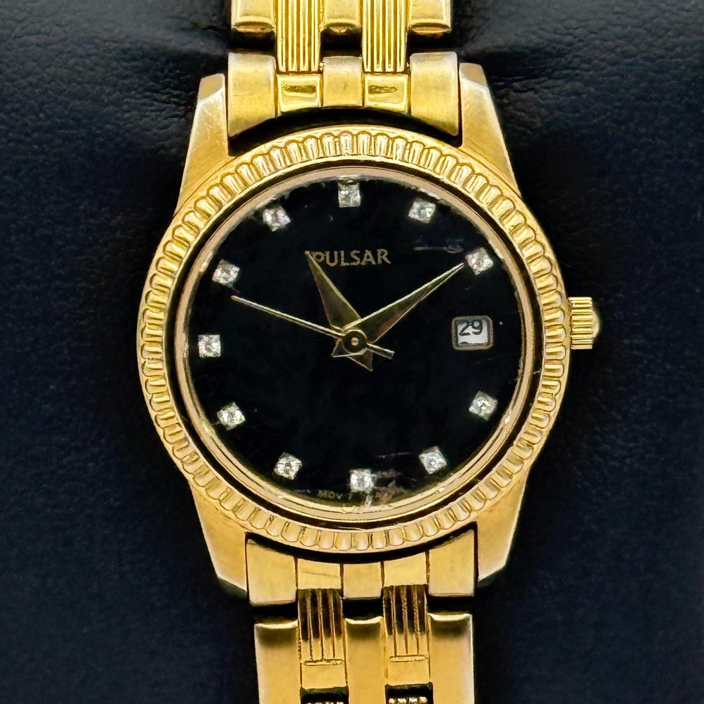 Pulsar Ladies Quartz Watch Crystal Markers Date Gold Tone Bracelet Working 25mm