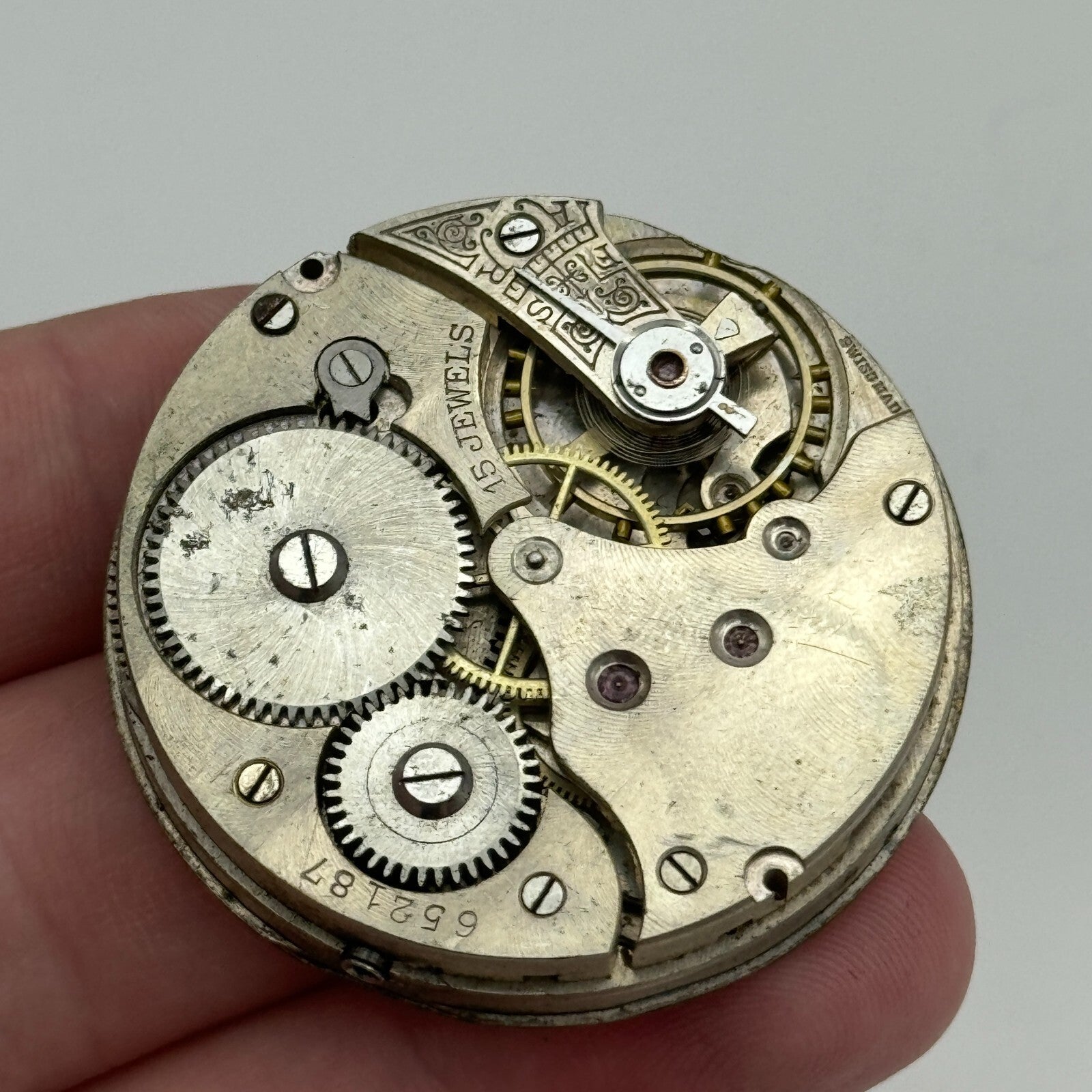 42.9mm Vintage 15 Jewels Swiss Hunter Pocket Watch Movement Dial And Hands PARTS