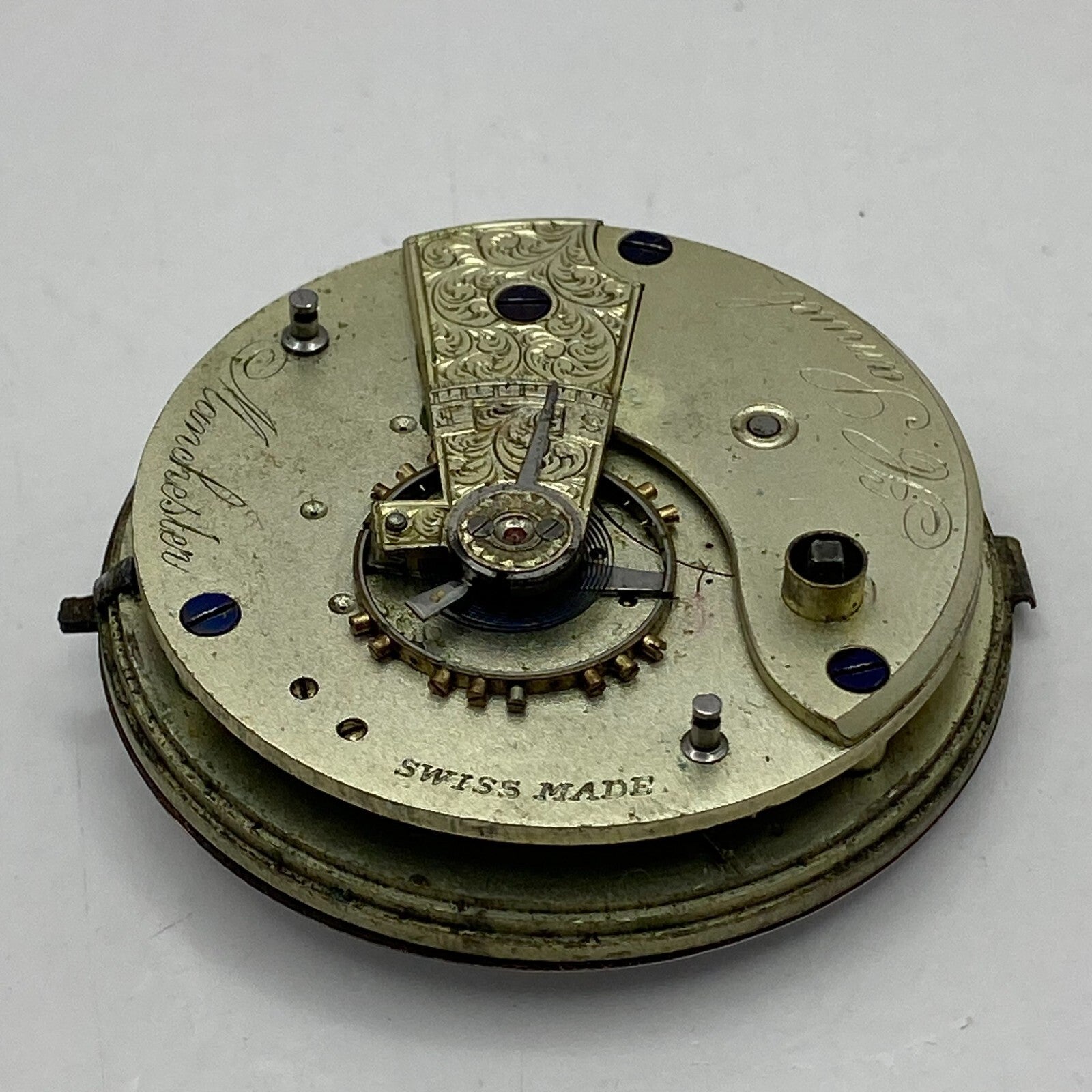 46.9mm Antique H Samuel Manchester Key Wound Swiss Pocket Watch Movement PARTS
