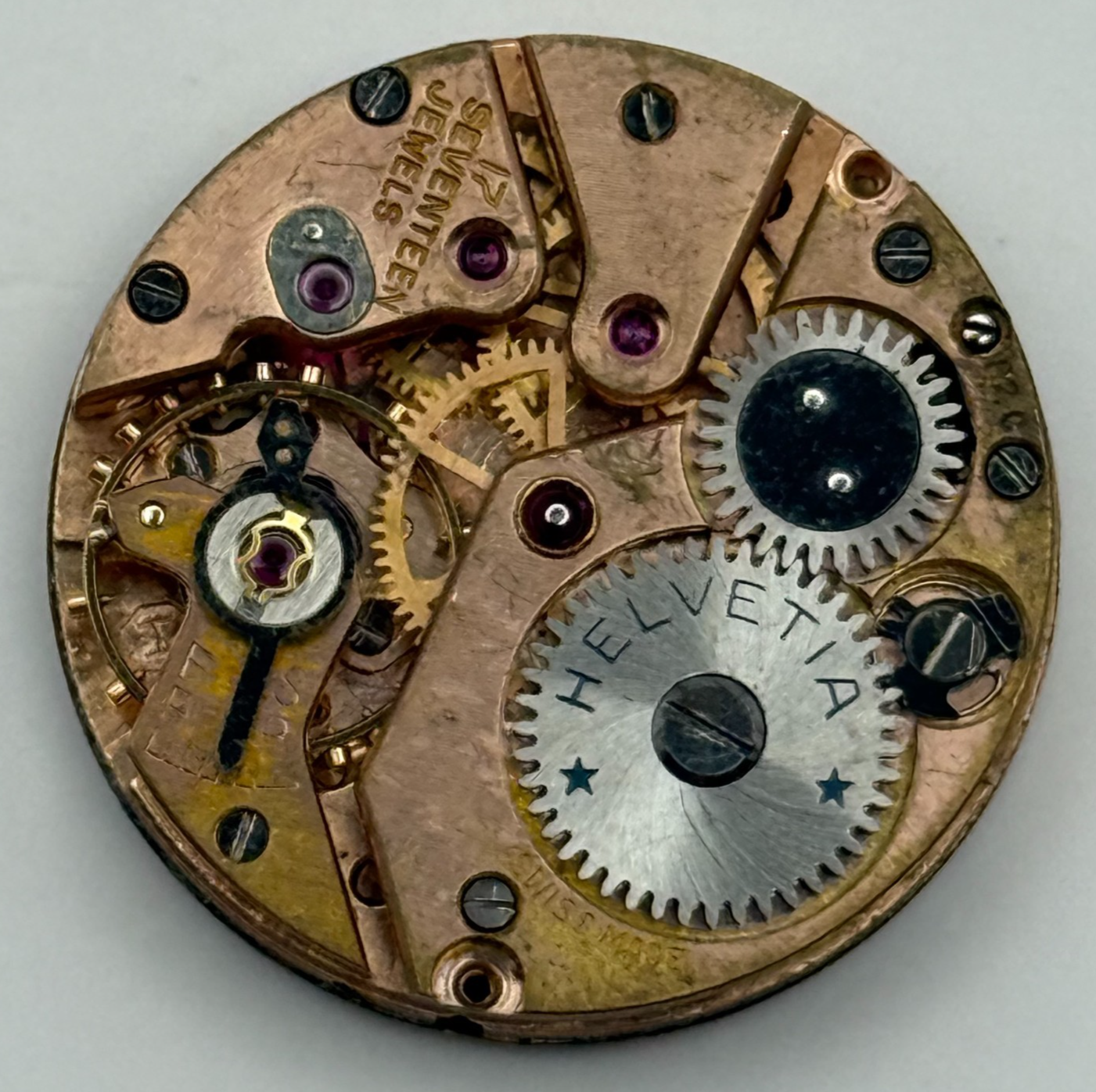 Helvetia 82C Watch Movement Manual Wind Vintage Swiss 17 Jewels Parts 23.1mm