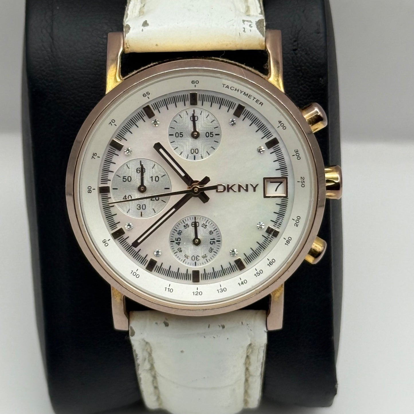 DKNY Chronograph Watch Mother Of Pearl Quartz Leather NY-4578 Date Dial 36mm