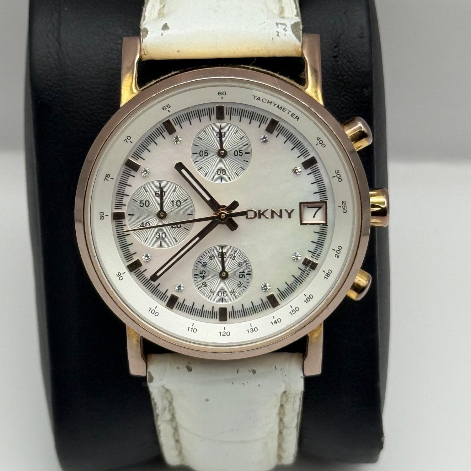 DKNY Chronograph Watch Mother Of Pearl Quartz Leather NY-4578 Date Dial 36mm