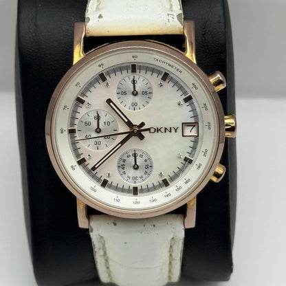 DKNY Chronograph Watch Mother Of Pearl Quartz Leather NY-4578 Date Dial 36mm