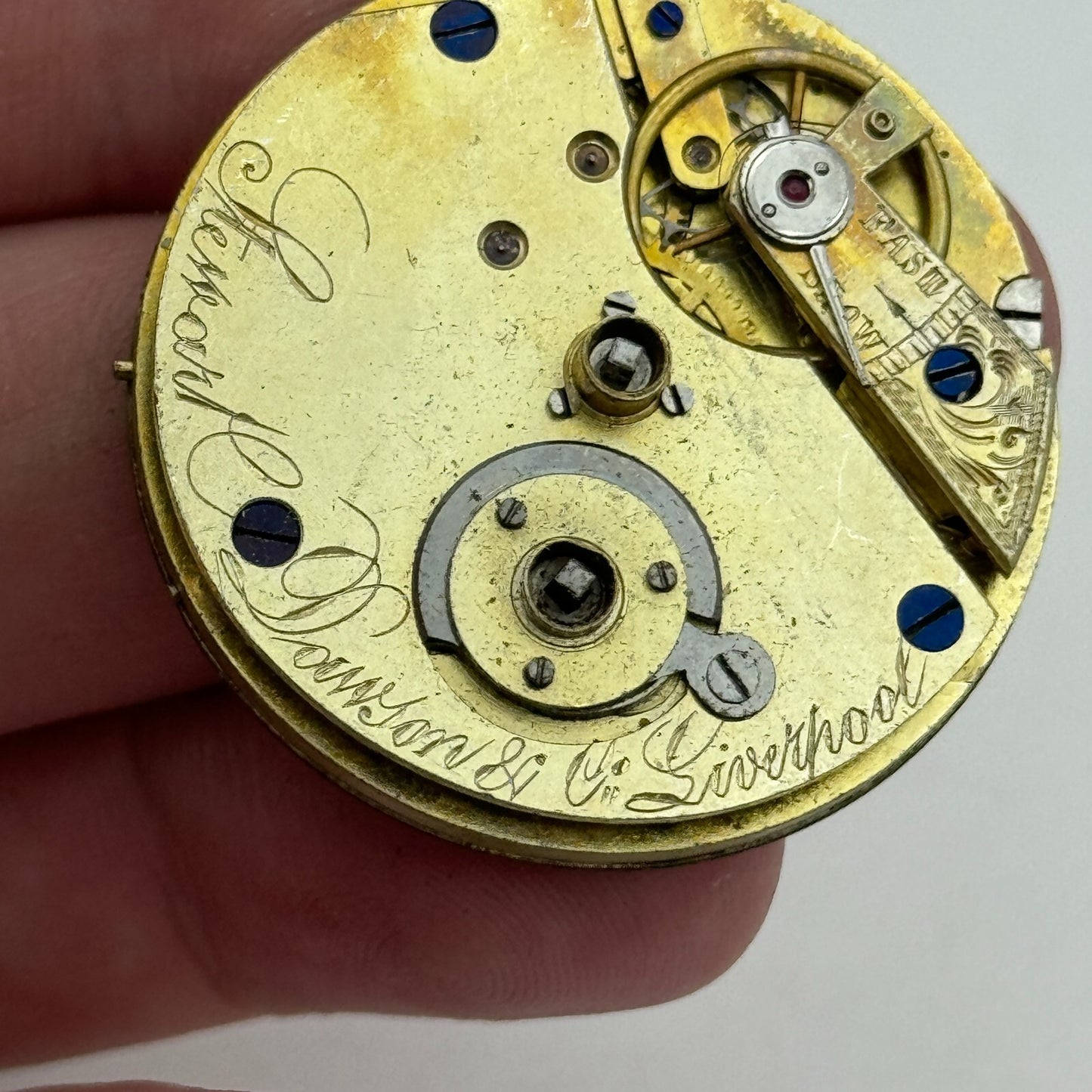 36.3mm Antique Stewart Dawson Co Liverpool Key Wound Pocket Watch Movement PARTS