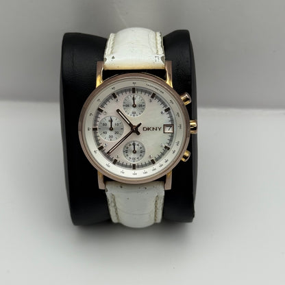 DKNY Chronograph Watch Mother Of Pearl Quartz Leather NY-4578 Date Dial 36mm
