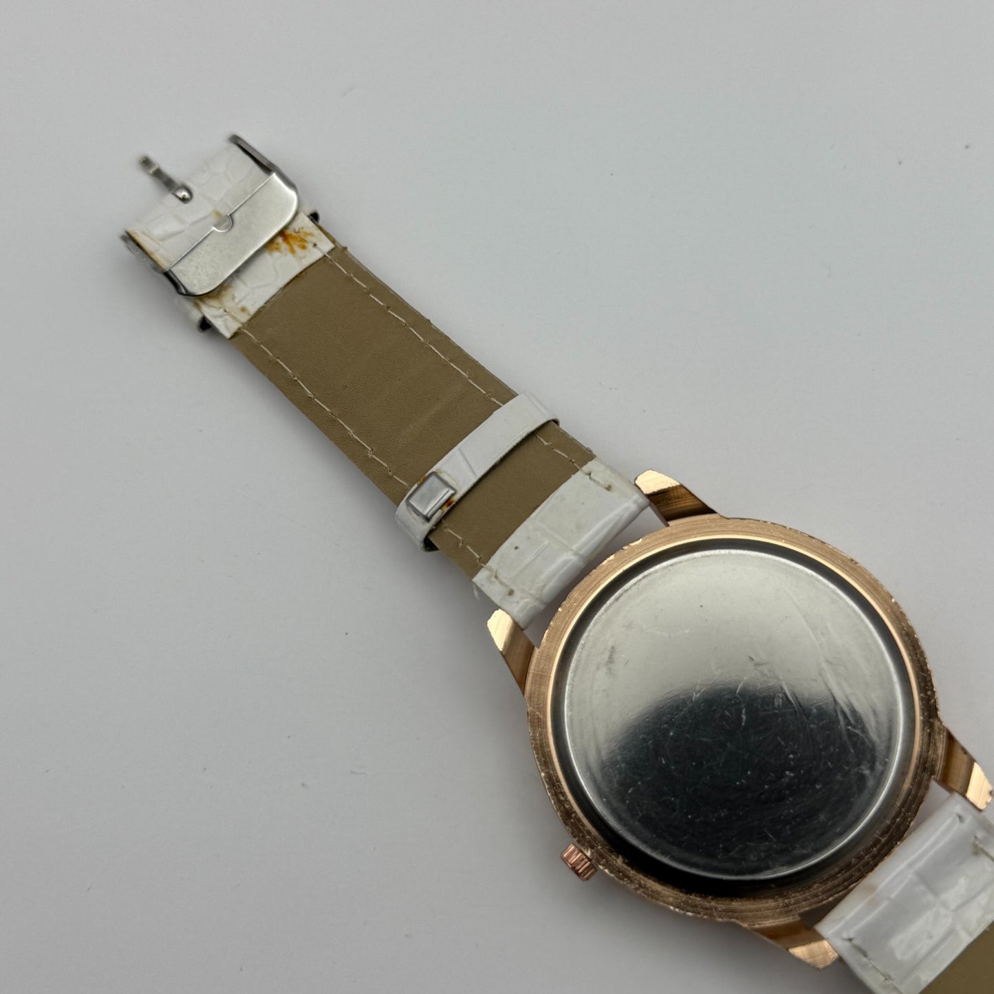 Gerryda Ladies Quartz Watch Rose Gold Crystal Accents White Strap Working 43mm