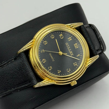 33mm Working Gillex Gold Plated Ladies Black Dial Strap Quartz Watch 6.5 Inches