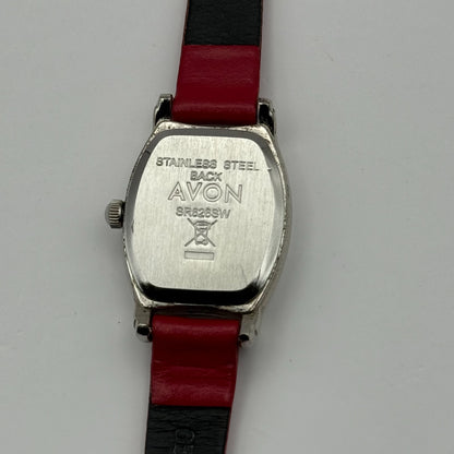 Avon Ladies Quartz Watch Mother of Pearl Dial Red Leather Strap Working 20mm