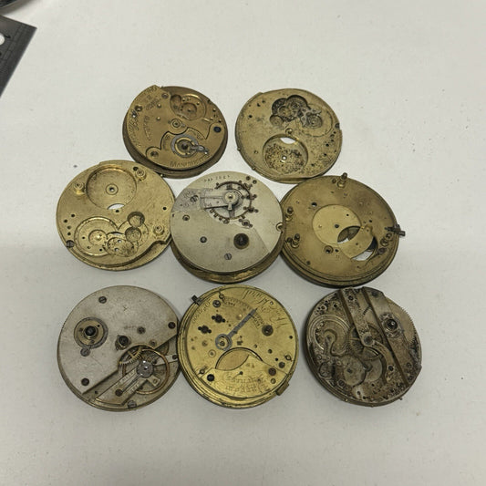 8 x Antique Manual Wind Pocket Watch Movements Parts Repair Bundle Job Lot