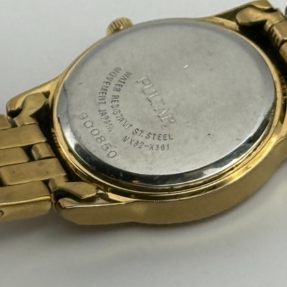 Pulsar Ladies Quartz Watch Crystal Markers Date Gold Tone Bracelet Working 25mm