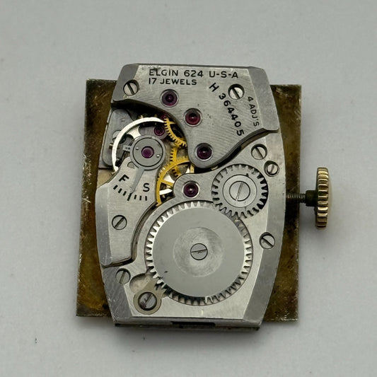 1950 Vintage 15/0s Elgin De Luxe 624 Model 2 American Watch Movement for PARTS