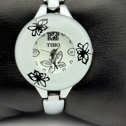 Tiho Ladies Quartz Watch Butterfly Design Dial Silver Tone Bracelet Working 30mm
