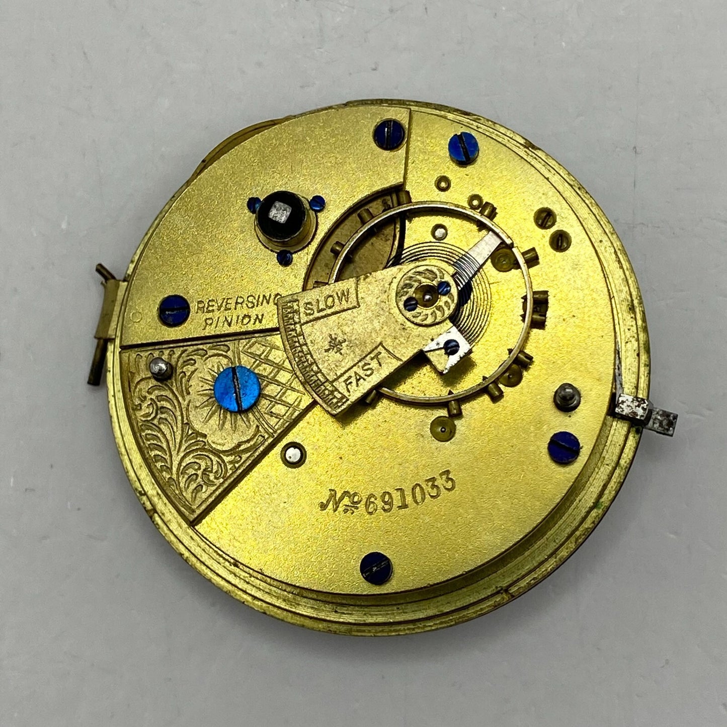 44.6mm Antique Key Wound Reversing Pinion Pocket Watch Movement PARTS REPAIR