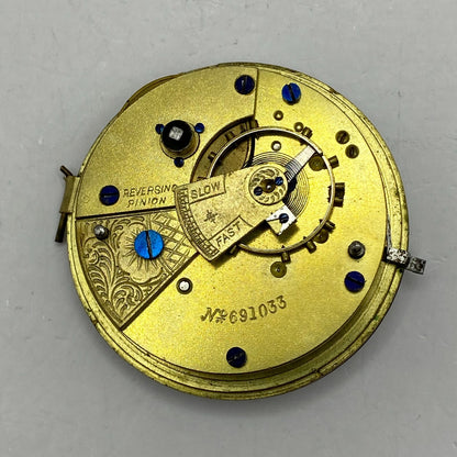 44.6mm Antique Key Wound Reversing Pinion Pocket Watch Movement PARTS REPAIR